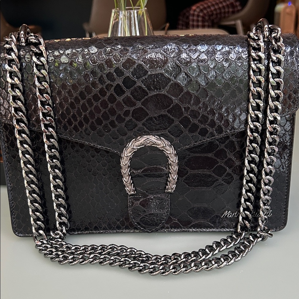 Black Snakeskin  Leather Shoulder Bag with Chain Straps. Made in Italy 🇮🇹